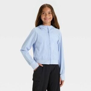 All in Motion Girls Light Blue Woven Windbreaker Jacket Hooded XS 4/5 NWT